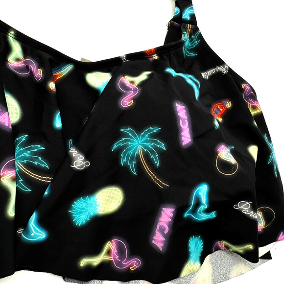 TORRID Women Large Black Neon Light Flamingo Dolphin Tropical Flounce Bikini Top - Picture 5 of 10